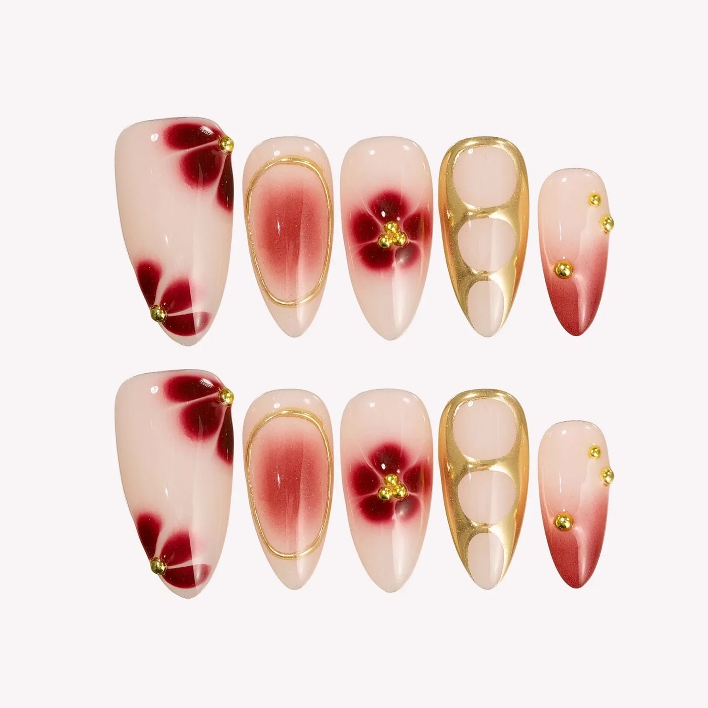 Spiced Bloom - medium almond - Ersa Nails Nude Red Gold PressOnNails