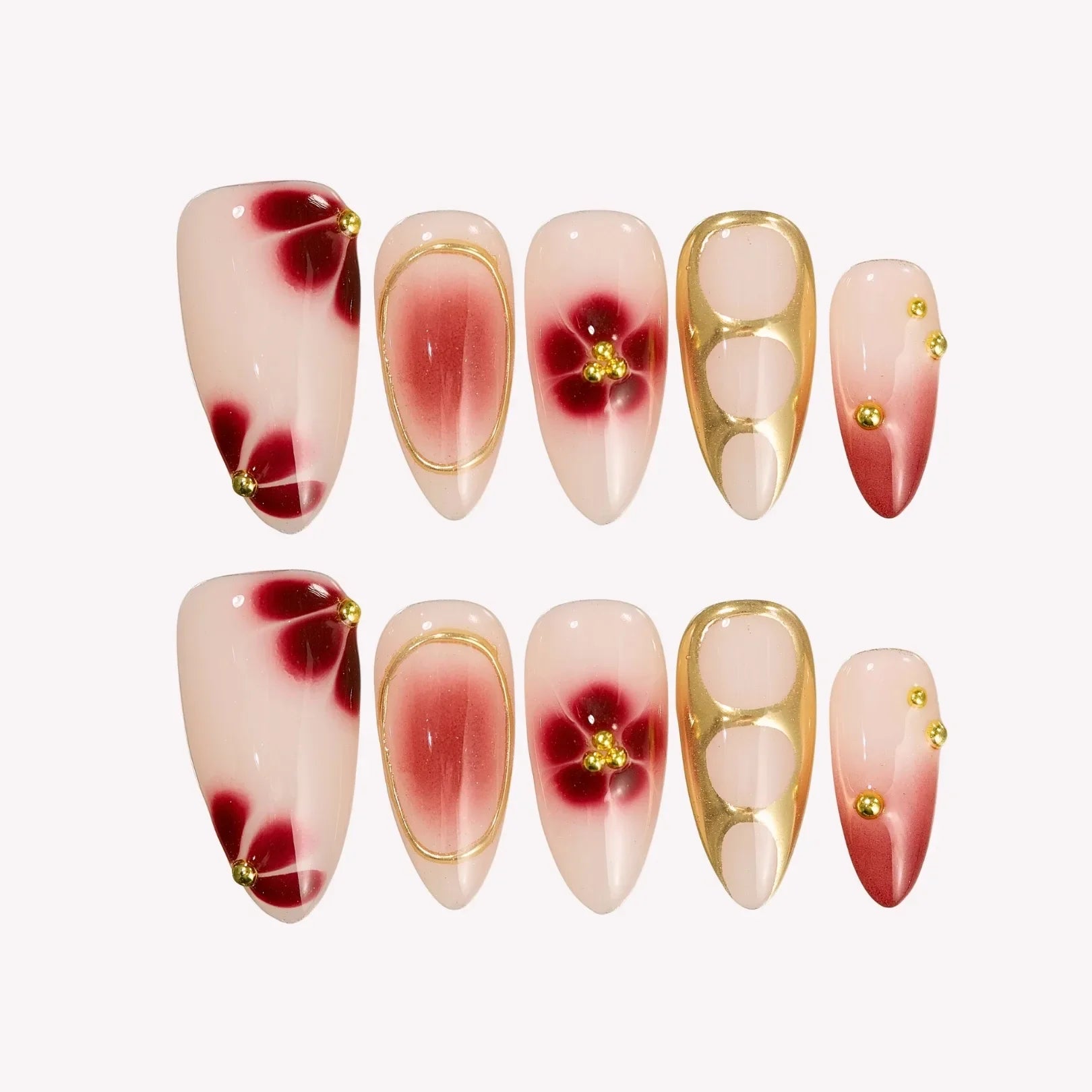 Spiced Bloom - medium almond - Ersa Nails Nude Red Gold PressOnNails