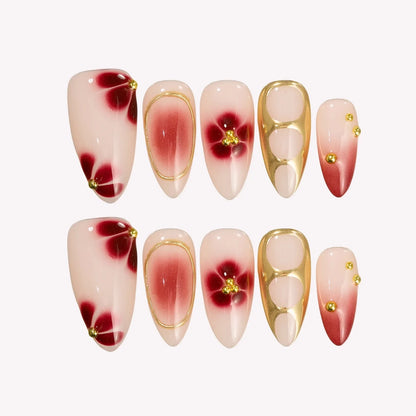 Spiced Bloom - medium almond - Ersa Nails Nude Red Gold PressOnNails